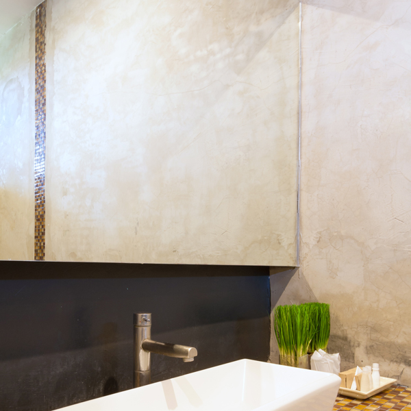 cement interior style in restroom, basin countertop.